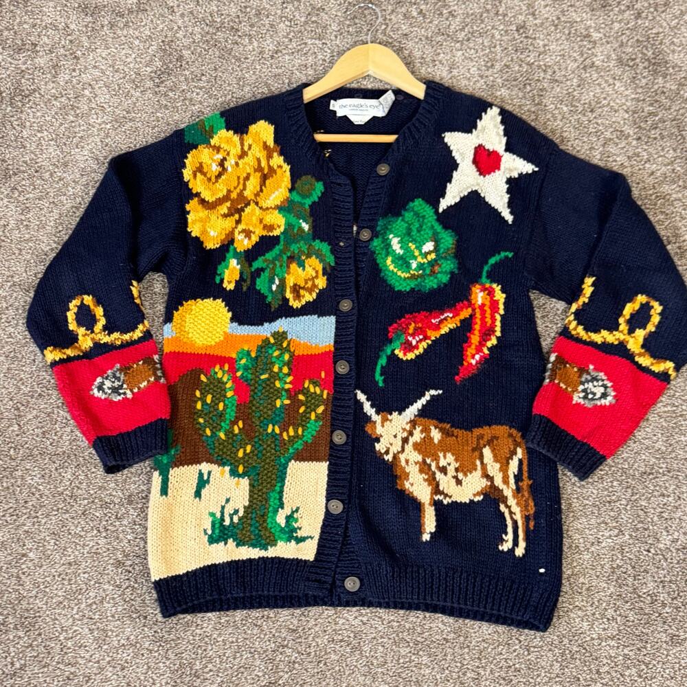 VTG The Eagle's Eye Hand Knit Cardigan Sweater Small Oversized Texas Longhorn - Picture 3 of 16